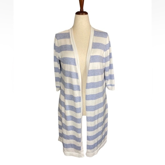 Talbots Blue White 3/4 Sleeve Pima Cotton Duster Cardigan Sweater Size XL petite - Picture 1 of 6